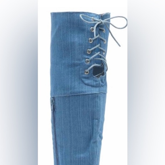 Denim look lace up Over the knee boot - Picture 2 of 4